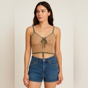 Love Knits Crochet Crop Top Beige with Green Trim – Size M